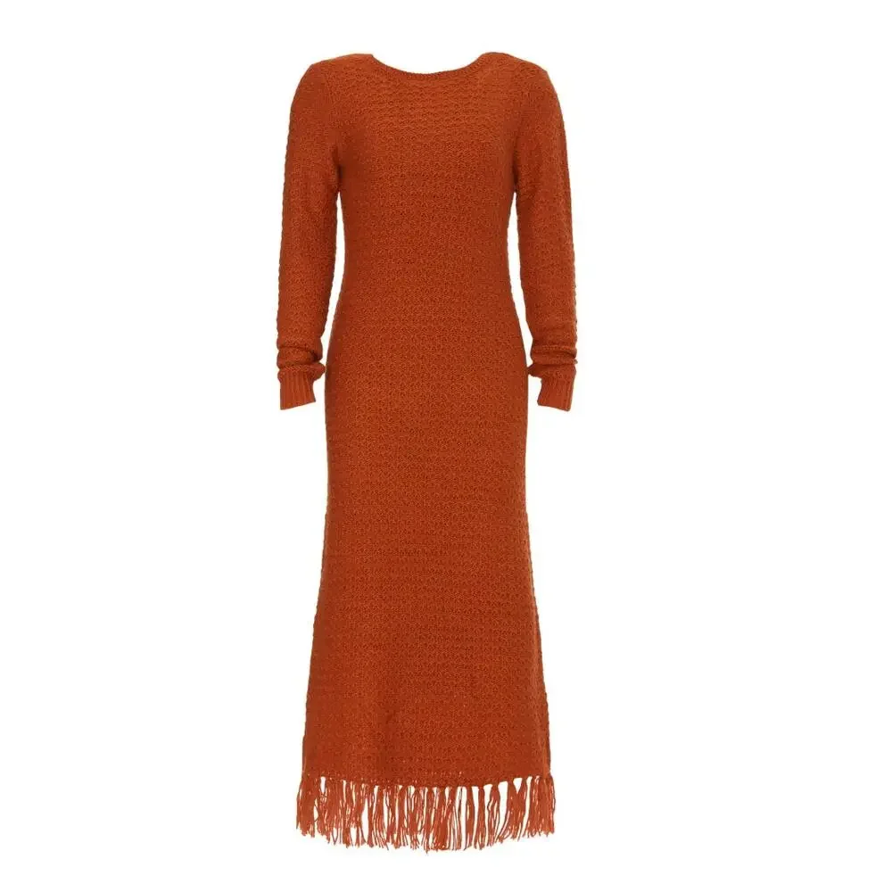 Pamela Love Clay Brown Crochet Maxi Dress LARGE Sweater Fringe Designer $395 - Picture 9 of 13